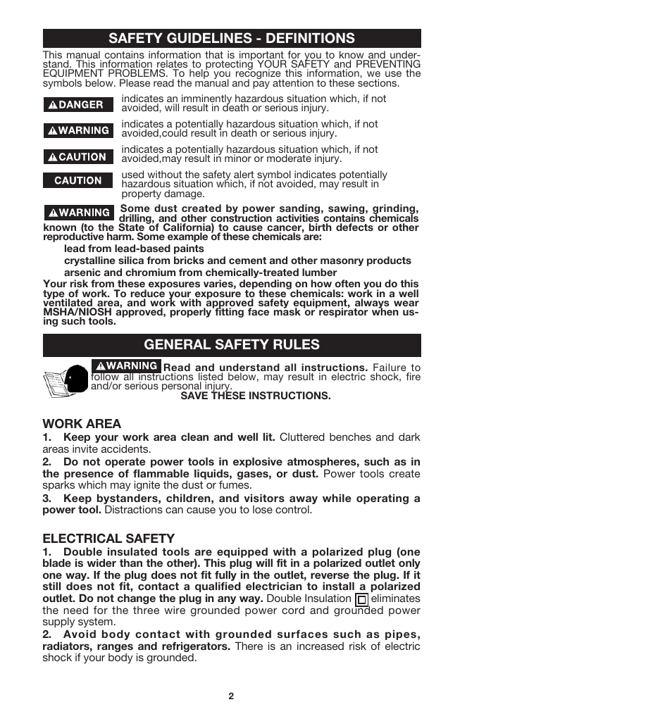 Safety guidelines - definitions, General safety rules, Work area | Electrical safety | Porter-Cable 7412 User Manual | Page 2 / 13