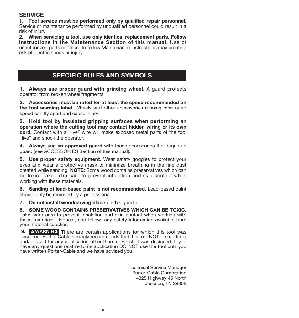 Specific rules and symbols | Porter-Cable 7412 User Manual | Page 4 / 13