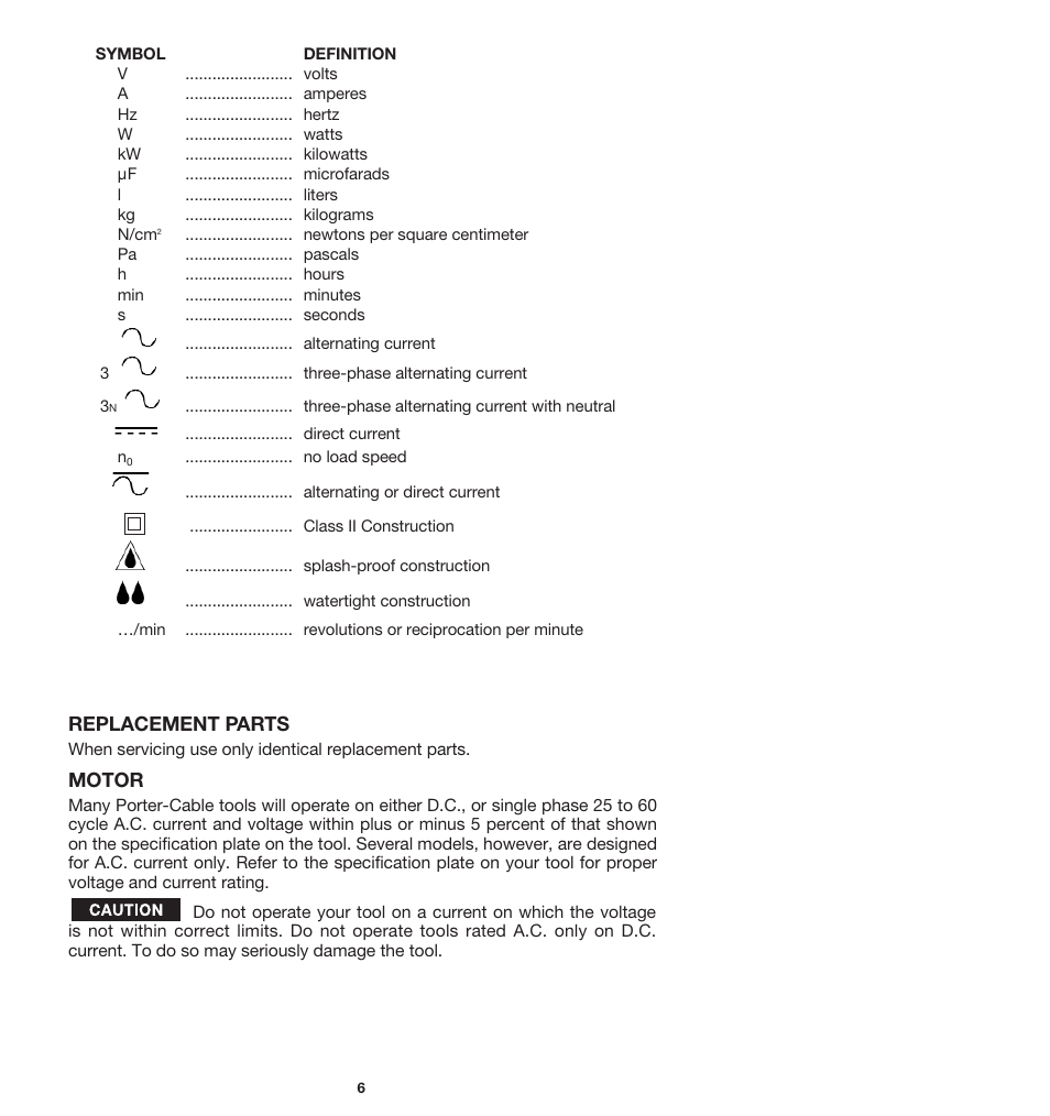 Replacement parts, Motor | Porter-Cable 7412 User Manual | Page 6 / 13