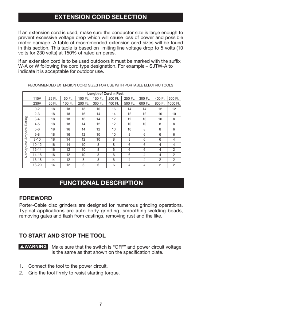 Extension cord selection functional description, Foreword | Porter-Cable 7412 User Manual | Page 7 / 13