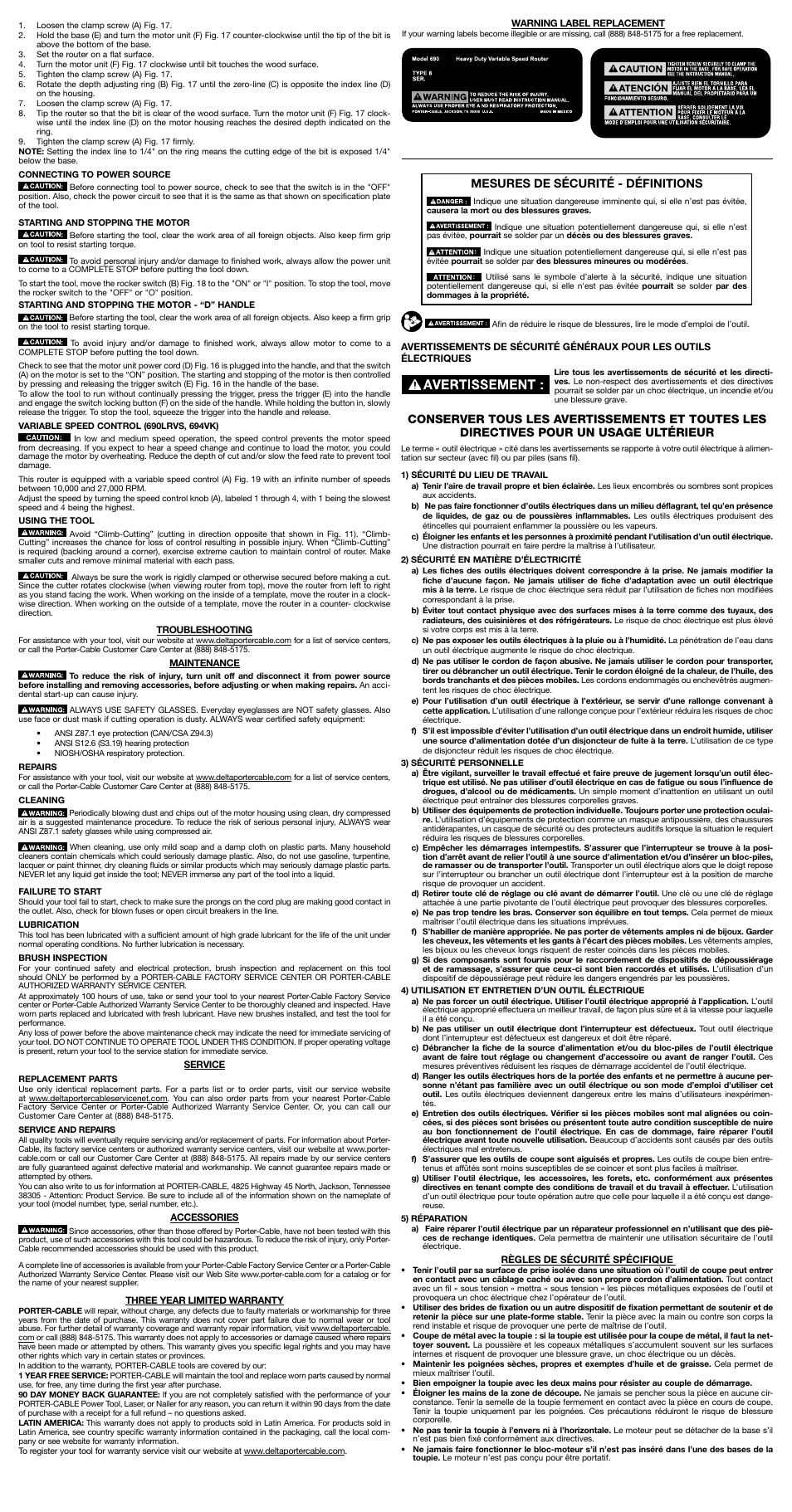 Mesures de sécurité - définitions | Porter-Cable 690LR User Manual | Page 3 / 7