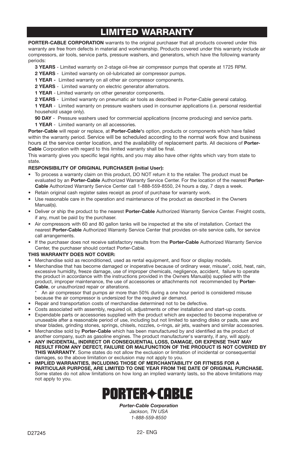 Limited warranty | Porter-Cable D27245-028-0 User Manual | Page 22 / 24
