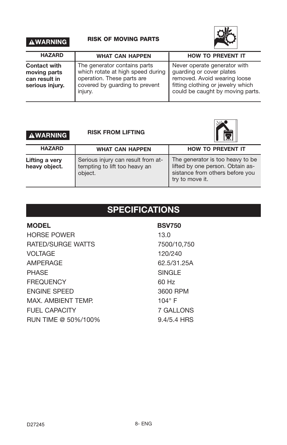 Specifications | Porter-Cable D27245-028-0 User Manual | Page 8 / 24