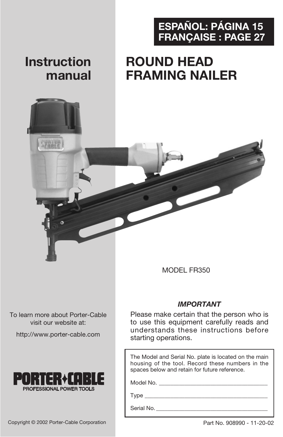 Porter-Cable FR350 User Manual | 15 pages