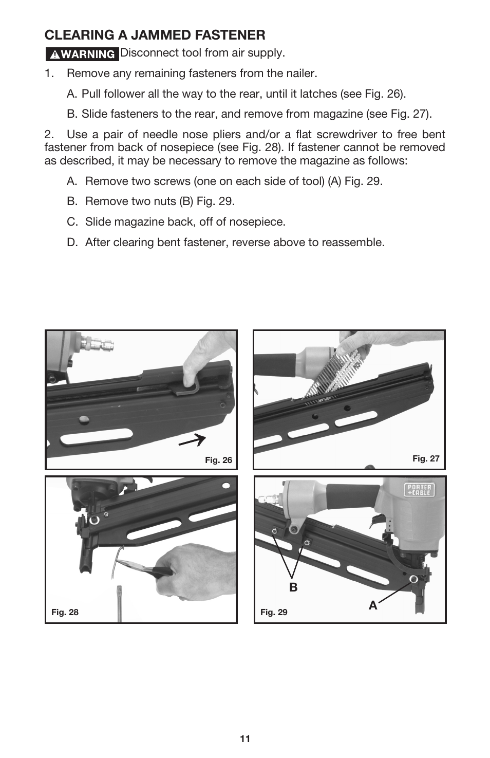 Clearing a jammed fastener | Porter-Cable FR350 User Manual | Page 11 / 15