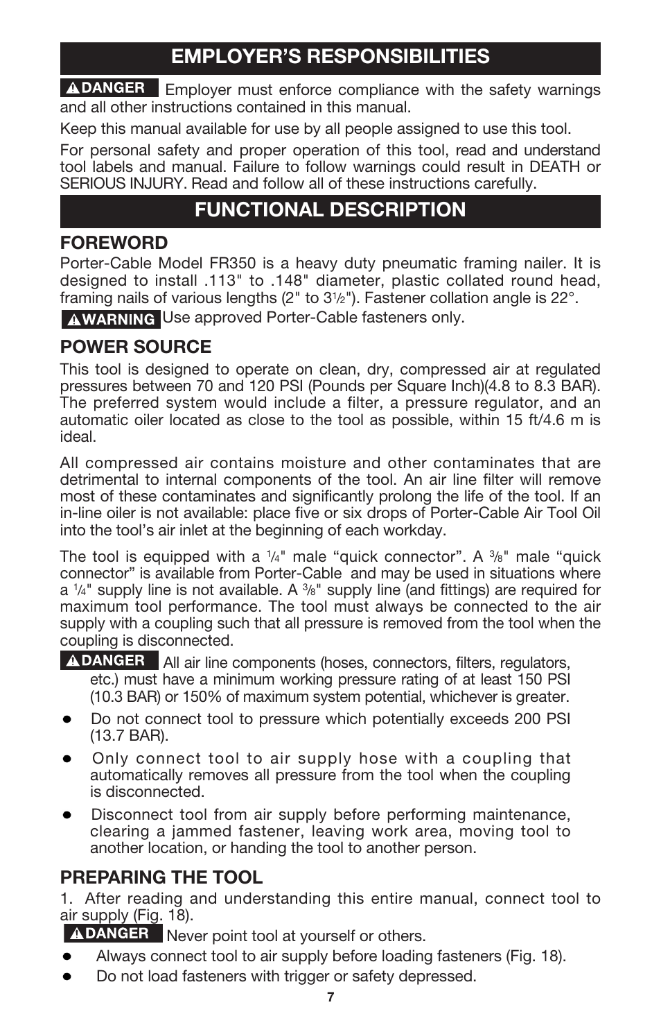 Employer’s responsibilities functional description, Foreword, Power source | Preparing the tool | Porter-Cable FR350 User Manual | Page 7 / 15