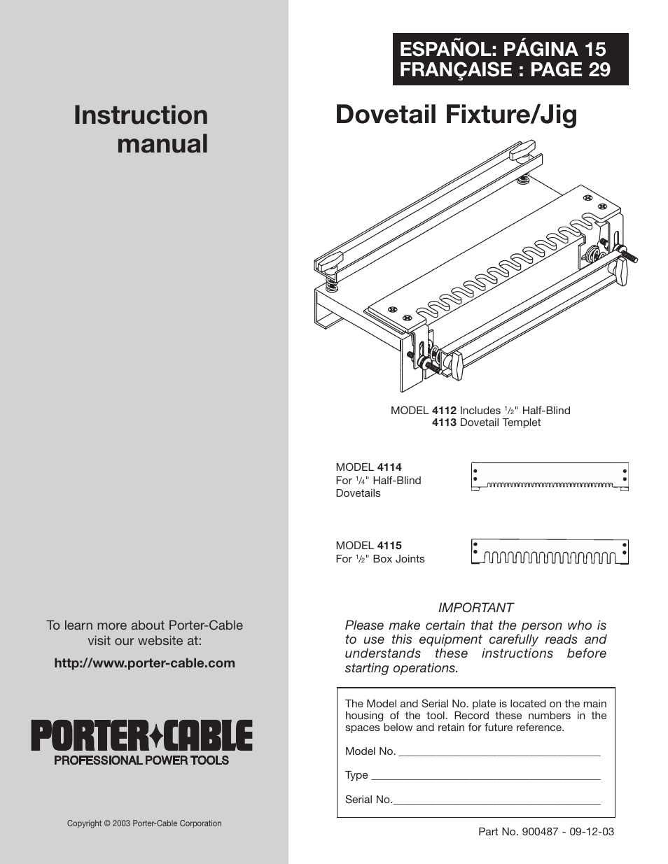 Porter-Cable Dovetail Fixture/Jig 4115 User Manual | 15 pages