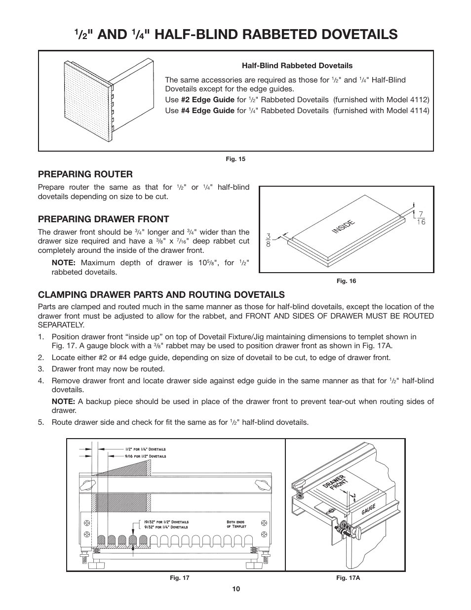 Half-blind rabbeted dovetails, Preparing router, Preparing drawer front | Clamping drawer parts and routing dovetails | Porter-Cable Dovetail Fixture/Jig 4115 User Manual | Page 10 / 15