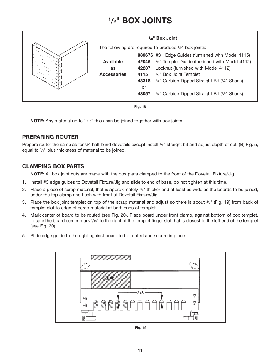 Box joints, Preparing router, Clamping box parts | Porter-Cable Dovetail Fixture/Jig 4115 User Manual | Page 11 / 15