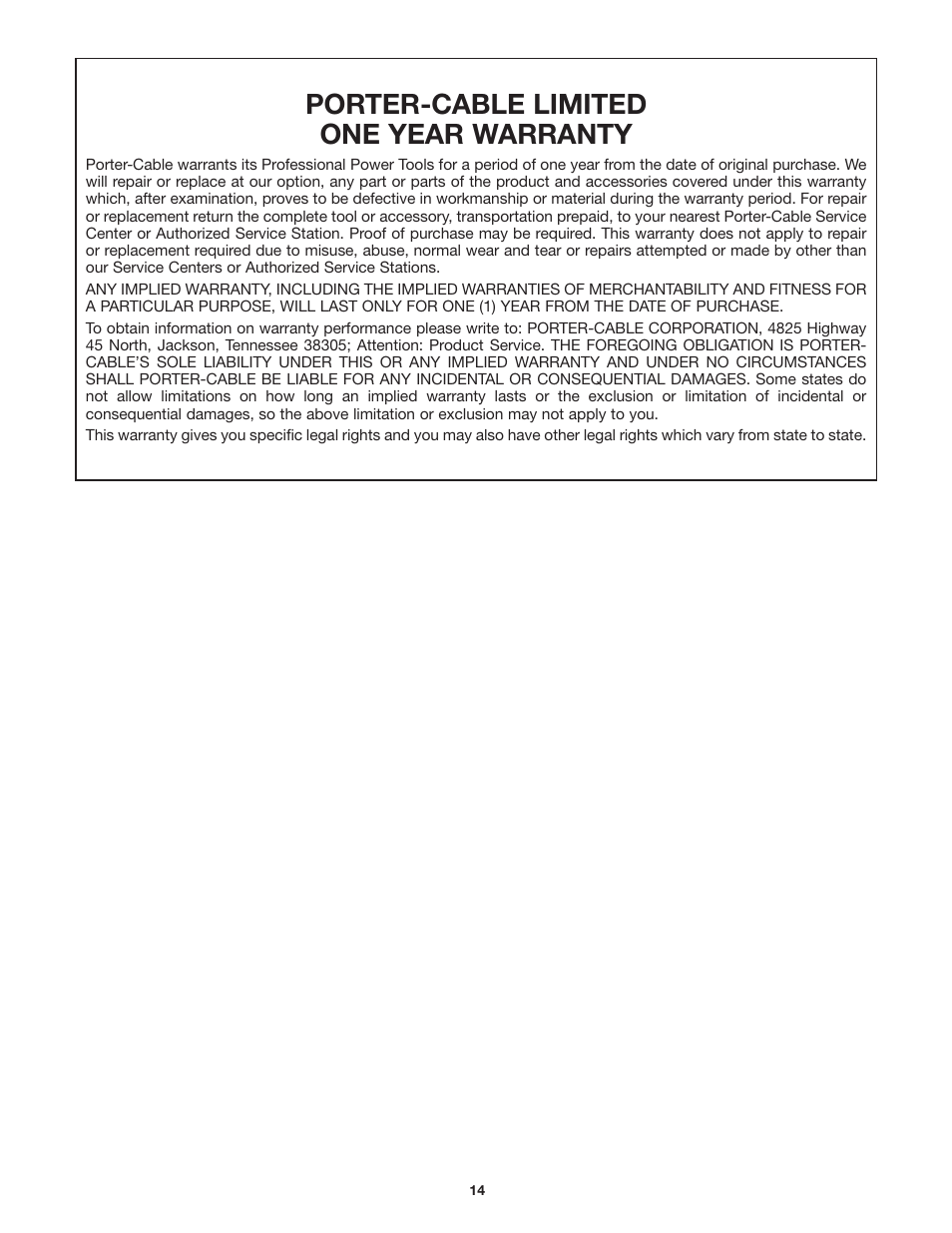 Porter-cable limited one year warranty | Porter-Cable Dovetail Fixture/Jig 4115 User Manual | Page 14 / 15