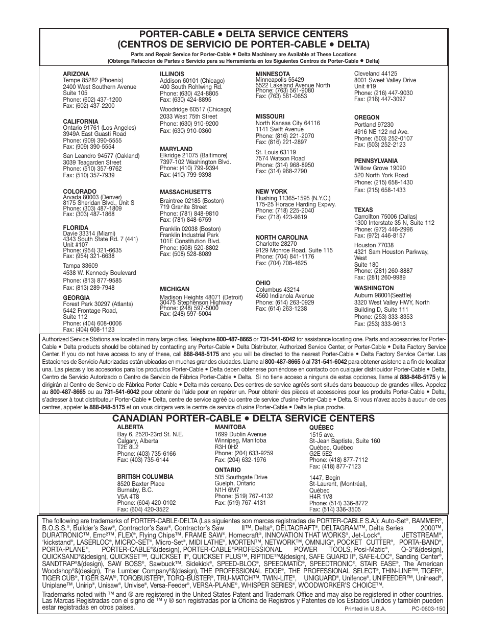 Porter-cable, Delta), Canadian porter-cable | Delta service centers | Porter-Cable Dovetail Fixture/Jig 4115 User Manual | Page 15 / 15