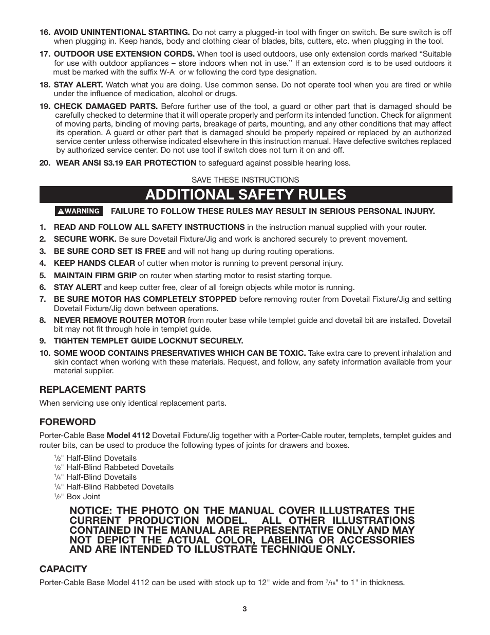 Additional safety rules, Replacement parts, Foreword | Capacity | Porter-Cable Dovetail Fixture/Jig 4115 User Manual | Page 3 / 15