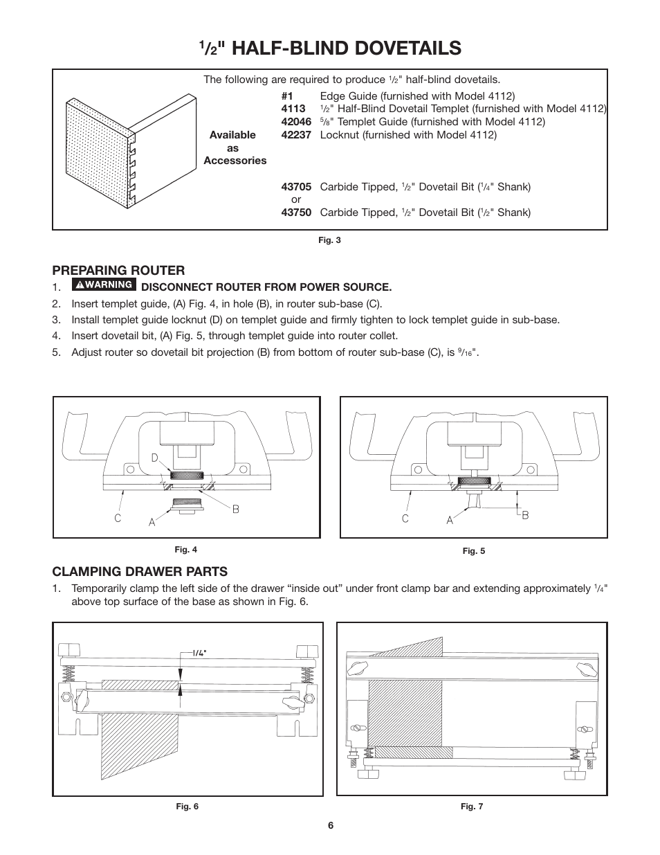 Half-blind dovetails, Preparing router, Clamping drawer parts | Porter-Cable Dovetail Fixture/Jig 4115 User Manual | Page 6 / 15