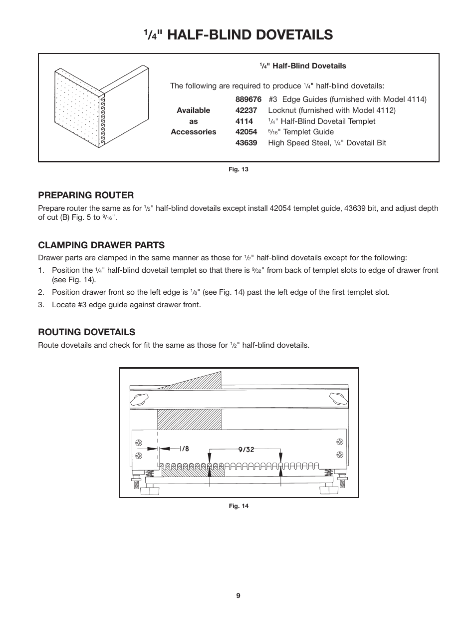 Half-blind dovetails, Preparing router, Clamping drawer parts | Routing dovetails | Porter-Cable Dovetail Fixture/Jig 4115 User Manual | Page 9 / 15
