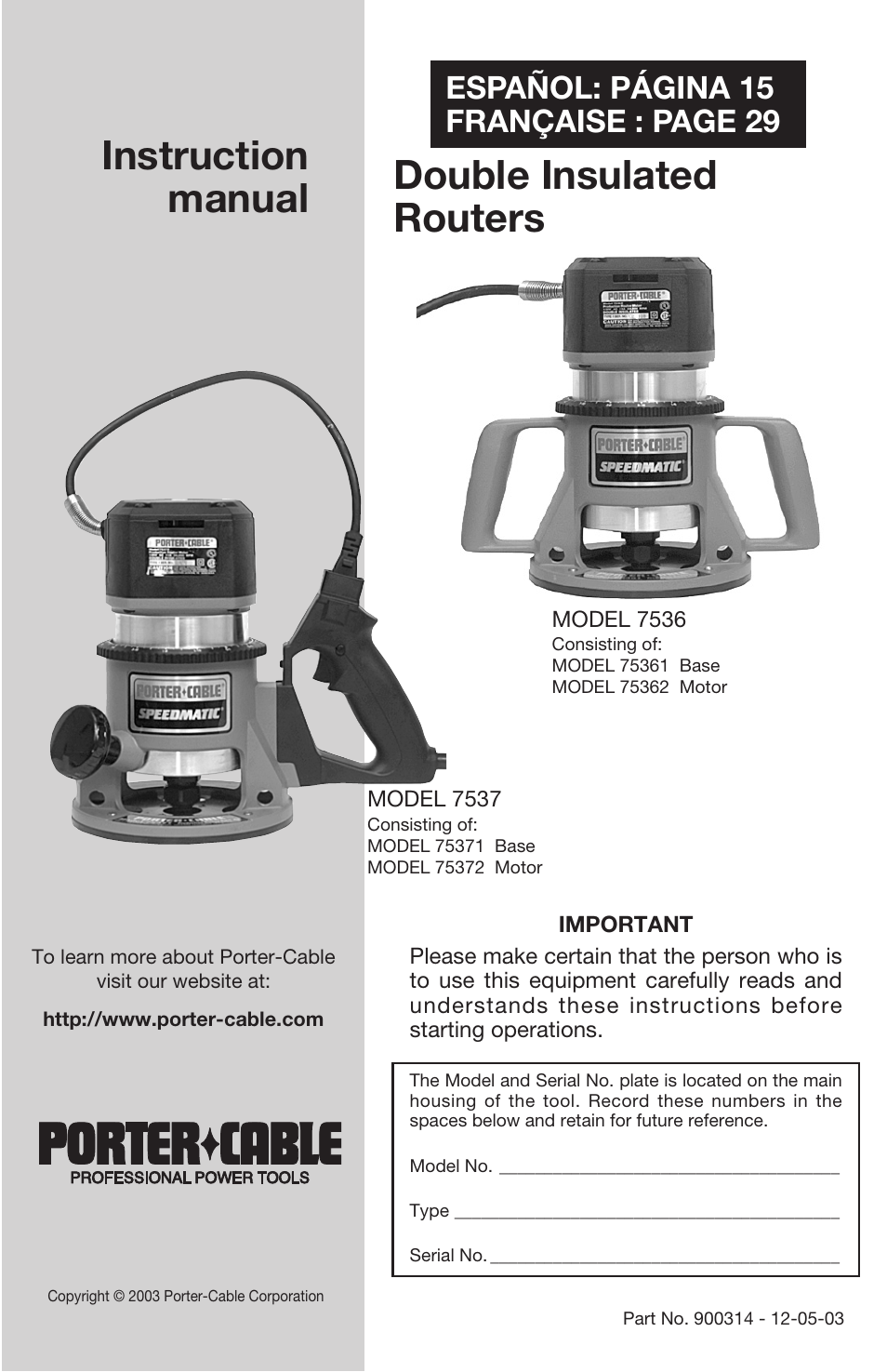 Porter-Cable 7537 User Manual | 15 pages