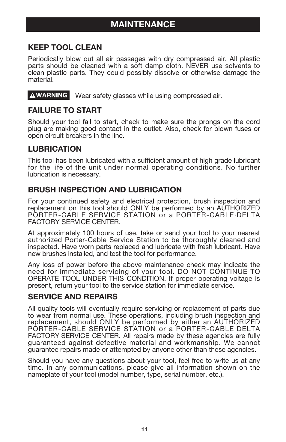 Maintenance | Porter-Cable 7537 User Manual | Page 11 / 15