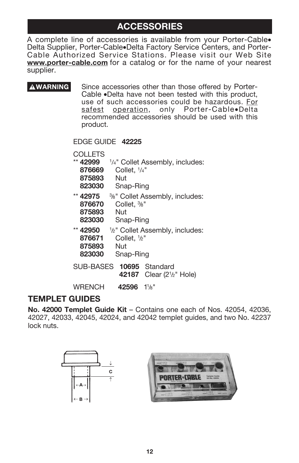 Accessories, Templet guides, Porter- cable | Porter-cable | Porter-Cable 7537 User Manual | Page 12 / 15