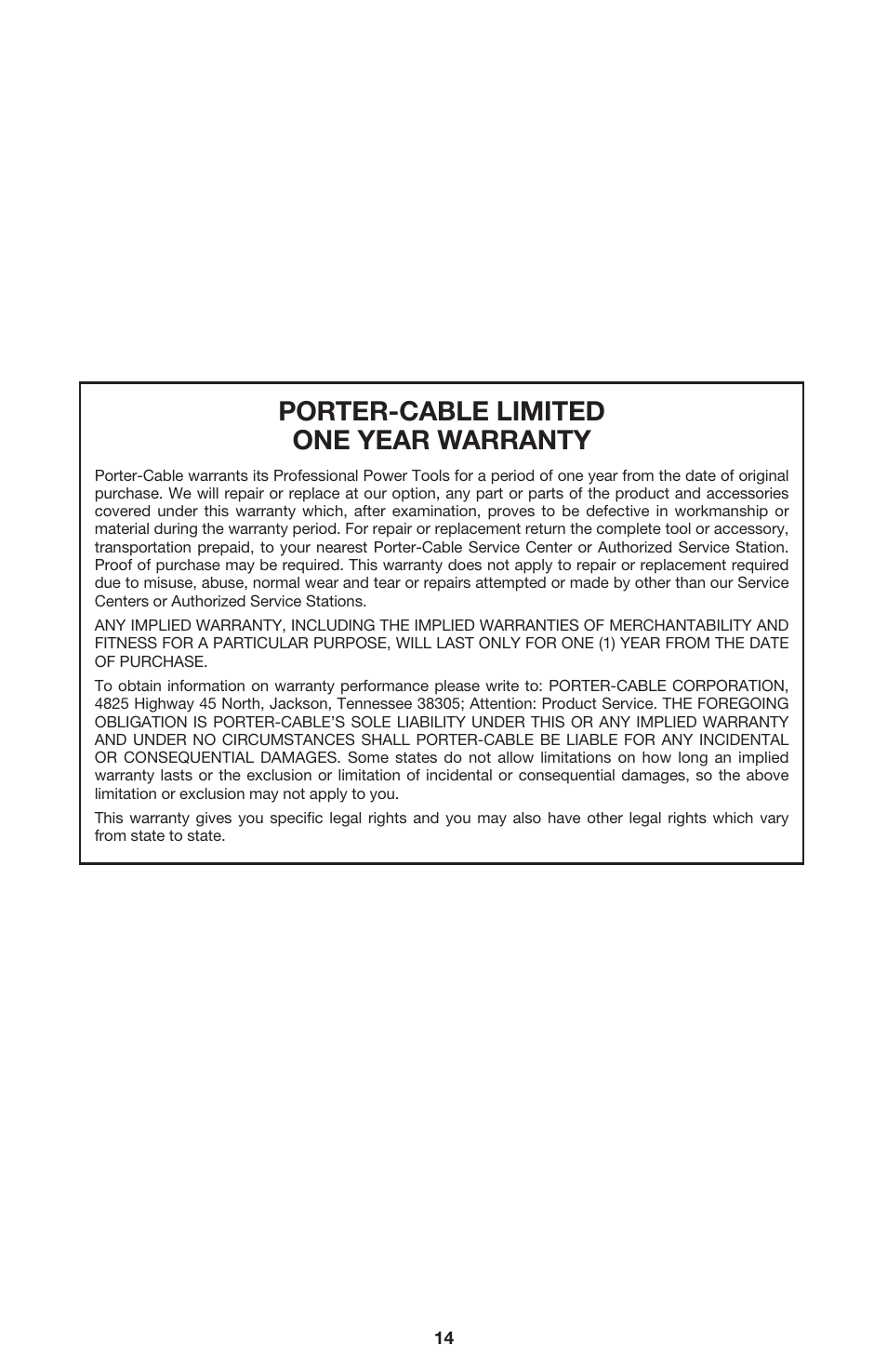 Porter-cable limited one year warranty | Porter-Cable 7537 User Manual | Page 14 / 15