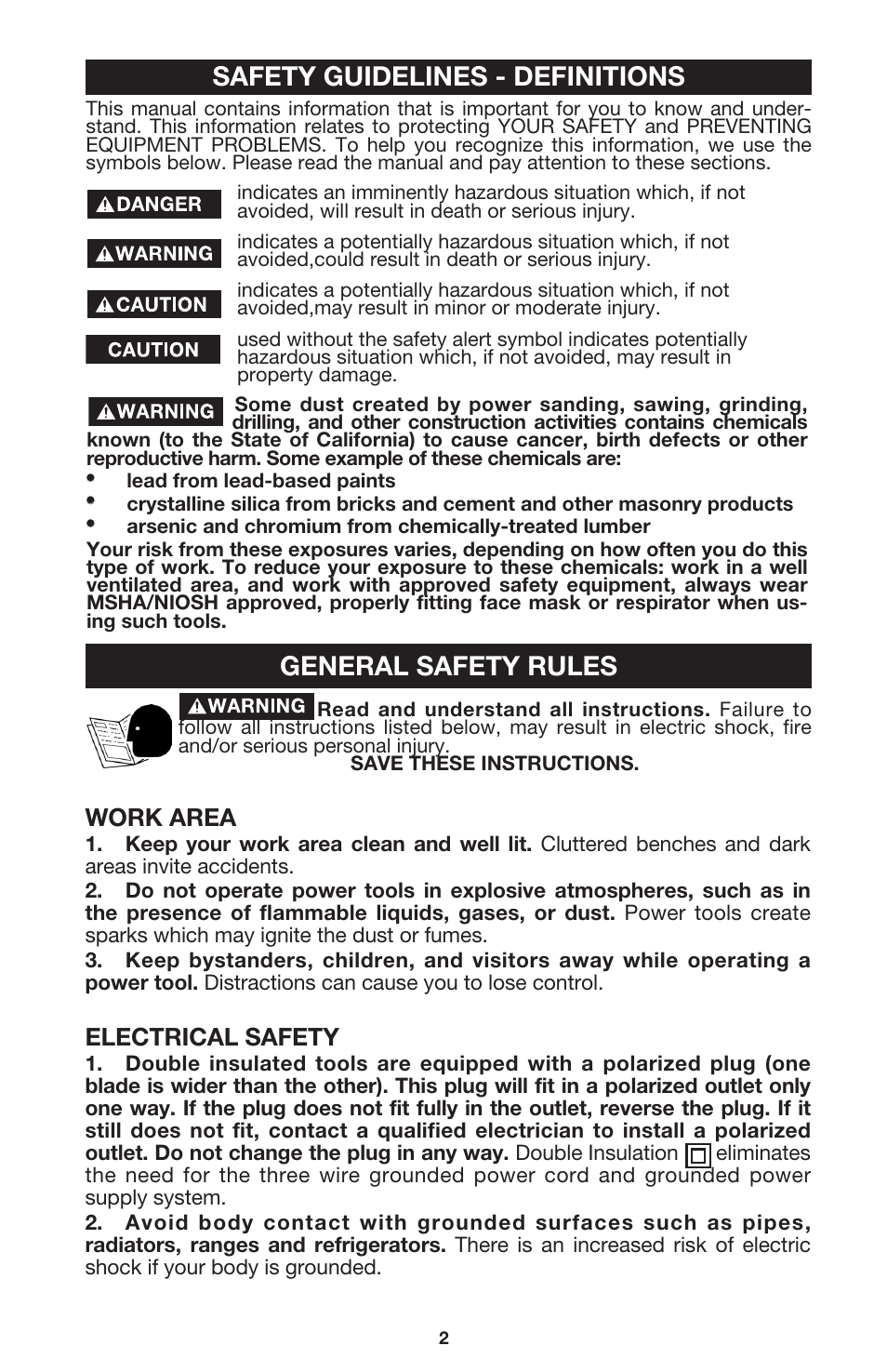 Safety guidelines - definitions, General safety rules, Work area | Electrical safety | Porter-Cable 7537 User Manual | Page 2 / 15