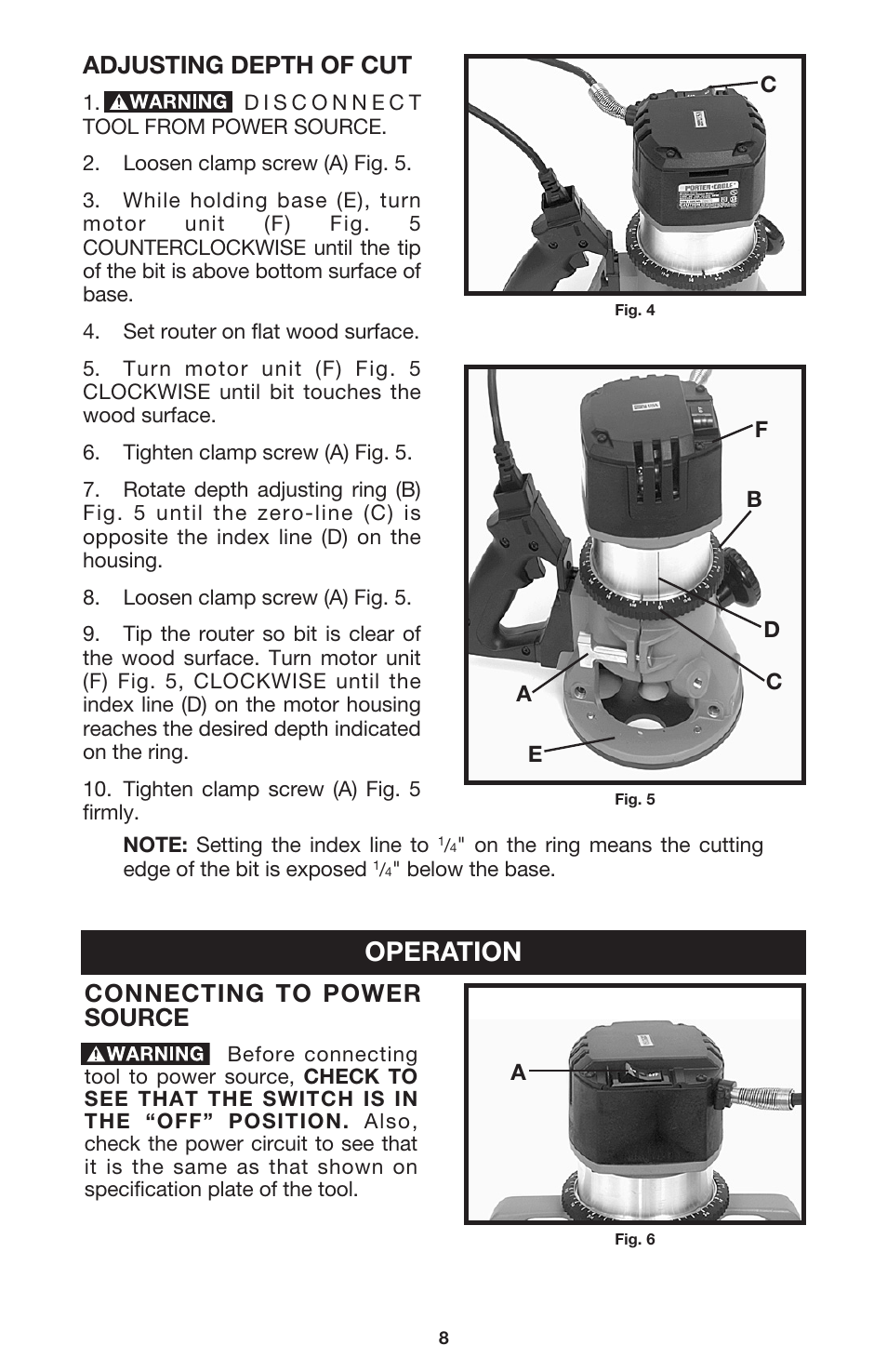 Operation, Adjusting depth of cut, Connecting to power source | Porter-Cable 7537 User Manual | Page 8 / 15