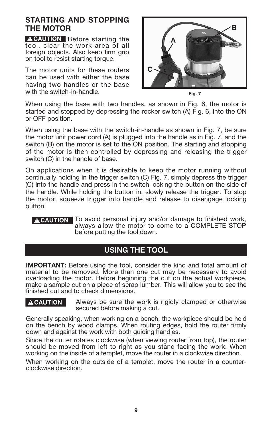 Starting and stopping the motor, Using the tool | Porter-Cable 7537 User Manual | Page 9 / 15