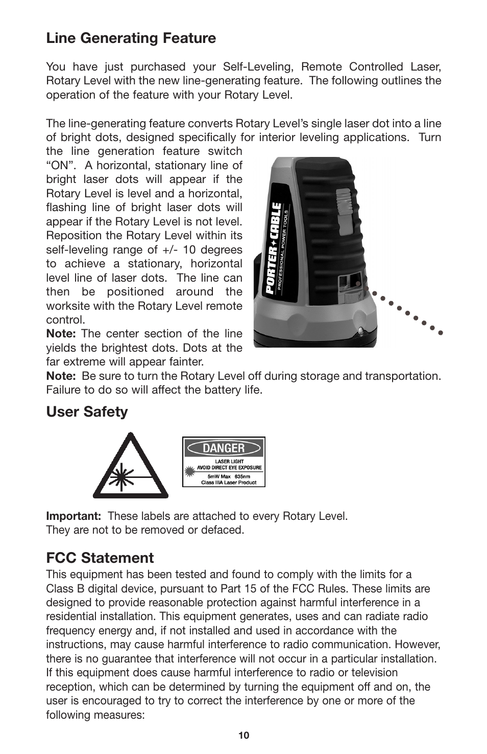 Line generating feature, User safety, Fcc statement | Porter-Cable LR1100 User Manual | Page 10 / 13