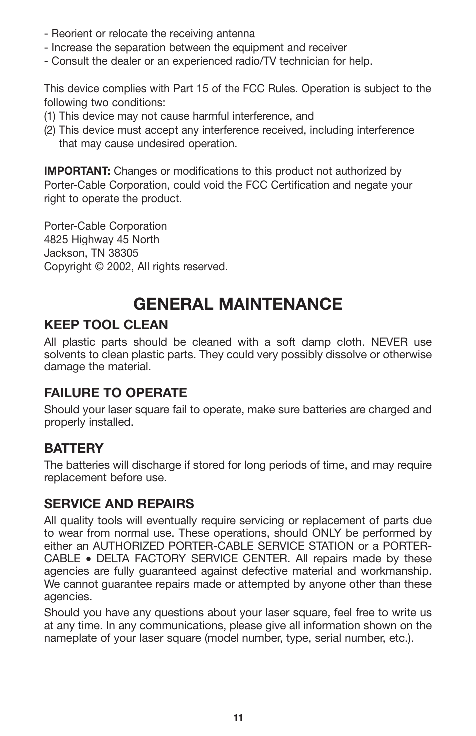 General maintenance | Porter-Cable LR1100 User Manual | Page 11 / 13