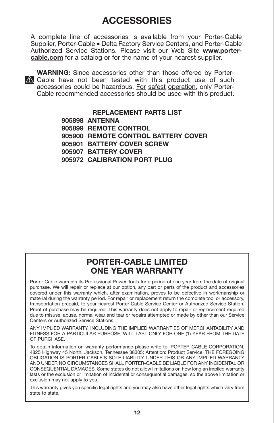 Accessories, Porter-cable limited one year warranty | Porter-Cable LR1100 User Manual | Page 12 / 13