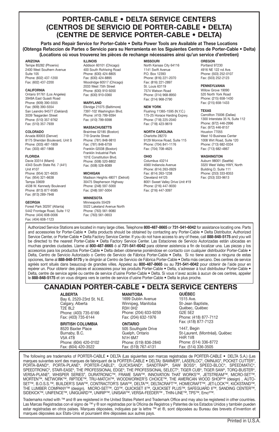 Canadian porter-cable • delta service centers, Printed in u.s.a | Porter-Cable LR1100 User Manual | Page 13 / 13