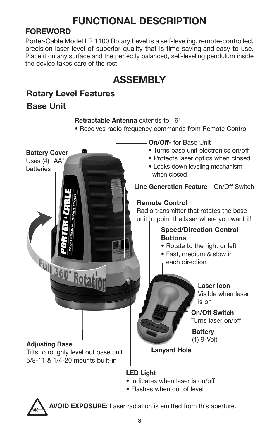 Functional description, Assembly, Rotary level features base unit | Porter-Cable LR1100 User Manual | Page 3 / 13