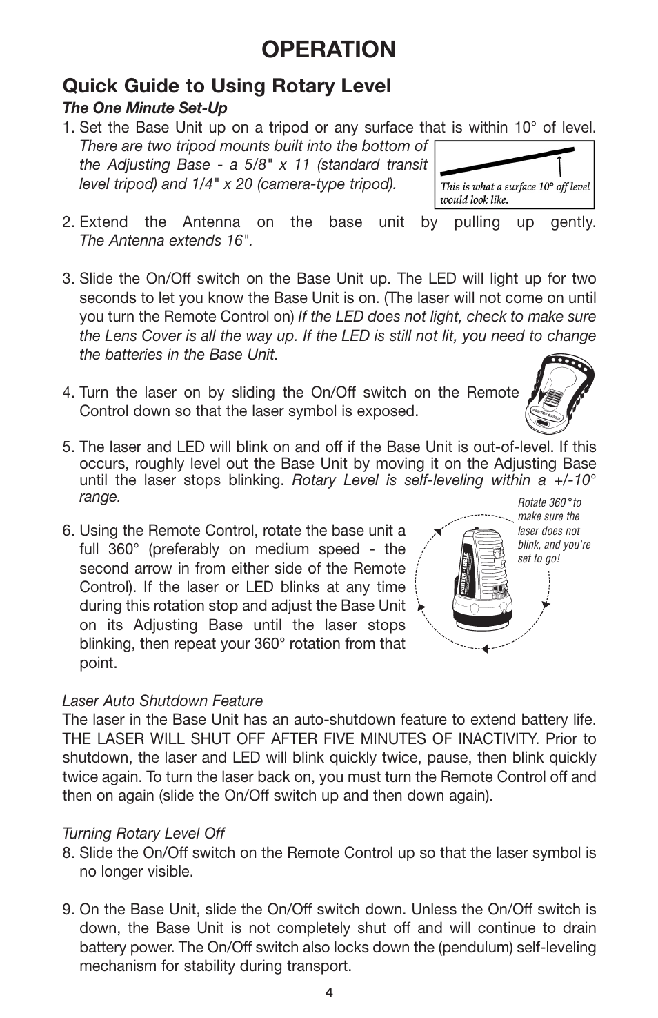Operation, Quick guide to using rotary level | Porter-Cable LR1100 User Manual | Page 4 / 13