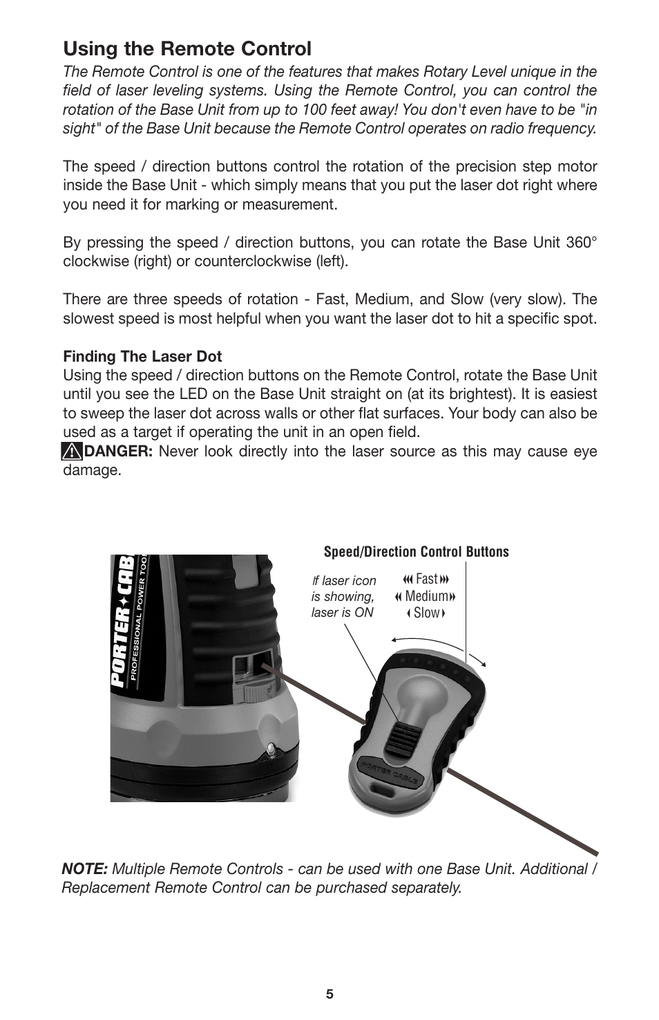 Using the remote control | Porter-Cable LR1100 User Manual | Page 5 / 13