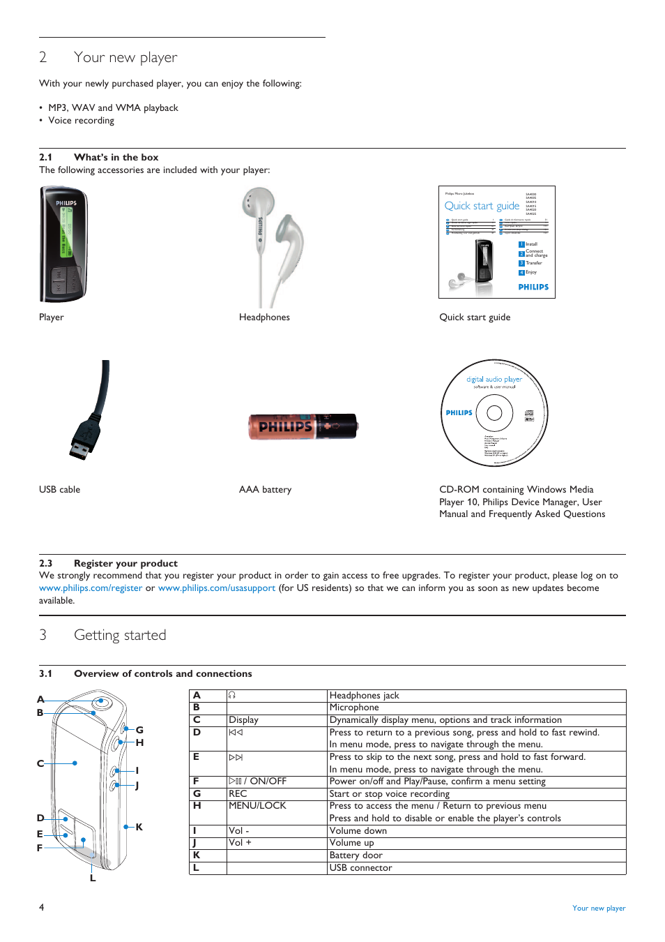 2 your new player, 1 what’s in the box, 3 register your product | 3 getting started, 1 overview of controls and, Your new player, What’s in the box, Register your product, Getting started, Overview of controls and connections | Porter-Cable SA4005 User Manual | Page 6 / 16