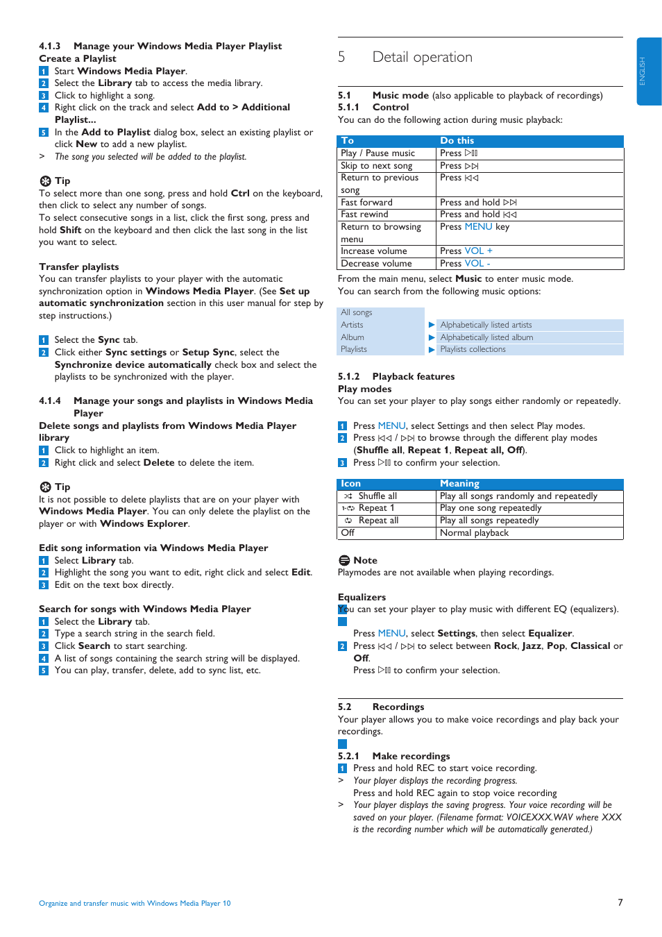 3 manage your windows me, 4 manage your songs and, 5 detail operation | 1 music mode (also applica, 1 control, 2 playback features, 2 recordings, 1 make recordings, 3 manage your windows media player playlist, Detail operation | Porter-Cable SA4005 User Manual | Page 9 / 16