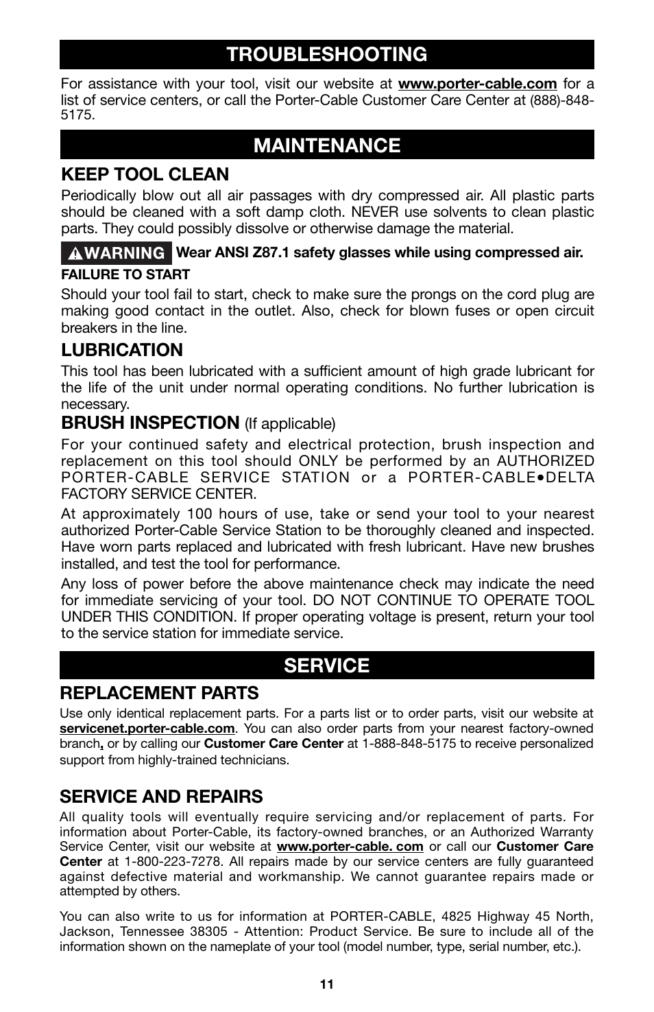 Troubleshooting maintenance, Service | Porter-Cable 6605 User Manual | Page 11 / 36