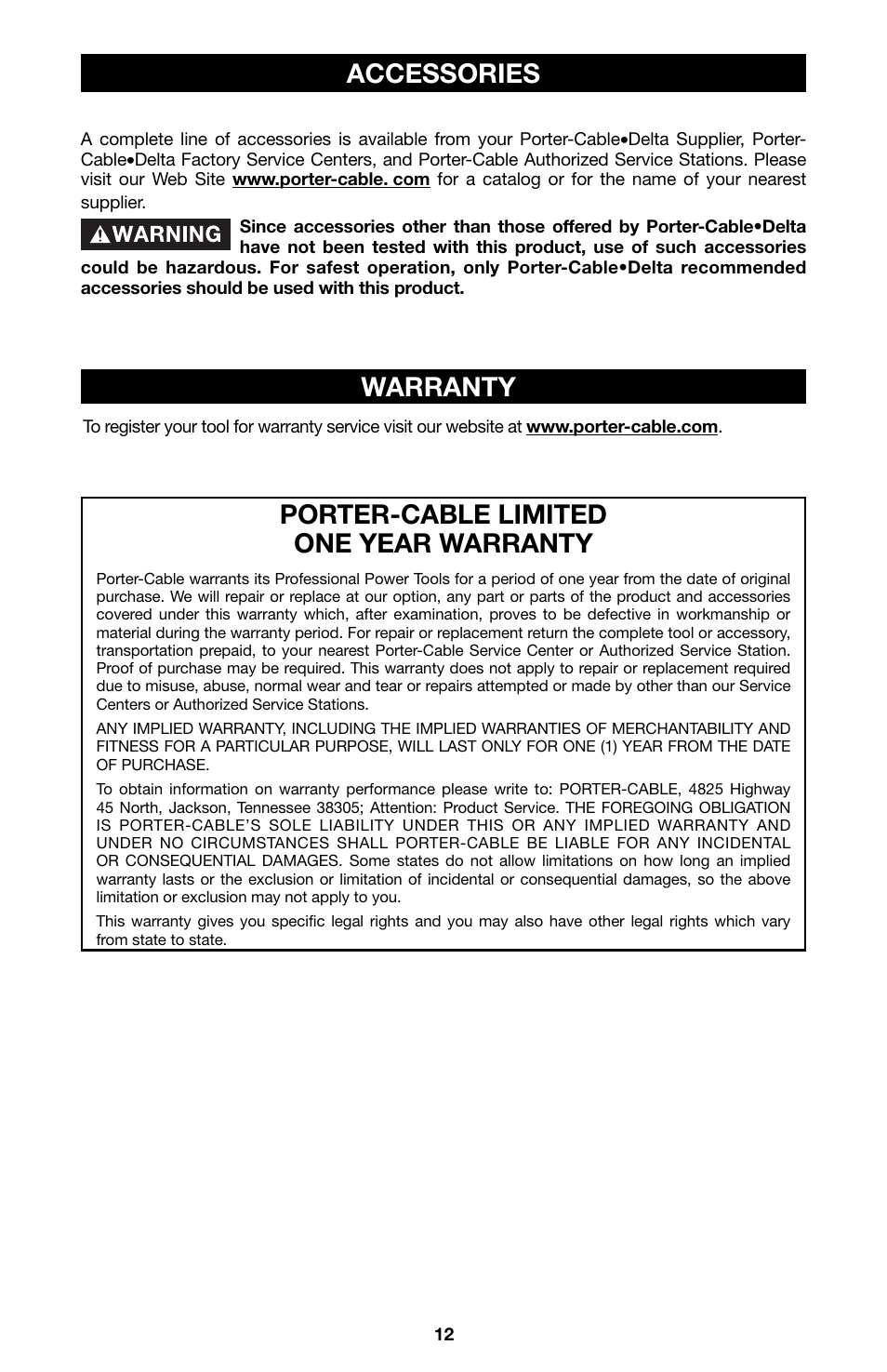 Accessories porter-cable limited one year warranty, Warranty | Porter-Cable 6605 User Manual | Page 12 / 36