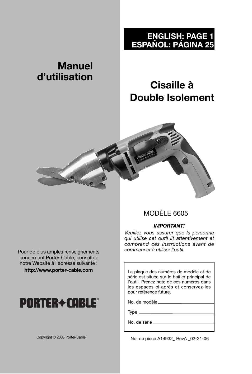 Cisaille à double isolement manuel d’utilisation, English: page 1 español: página 25 | Porter-Cable 6605 User Manual | Page 13 / 36