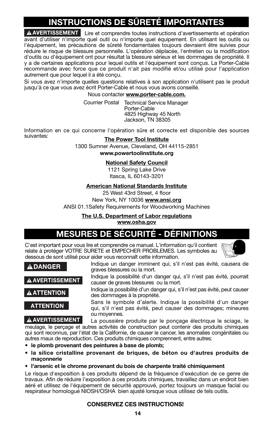 Instructions de sûreté importantes, Mesures de sécurité - définitions | Porter-Cable 6605 User Manual | Page 14 / 36