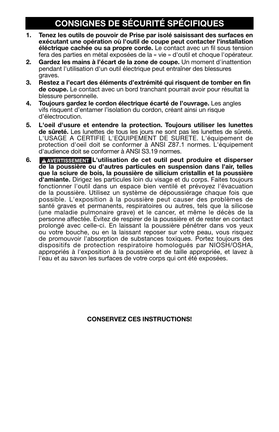 Consignes de sécurité spécifiques | Porter-Cable 6605 User Manual | Page 17 / 36