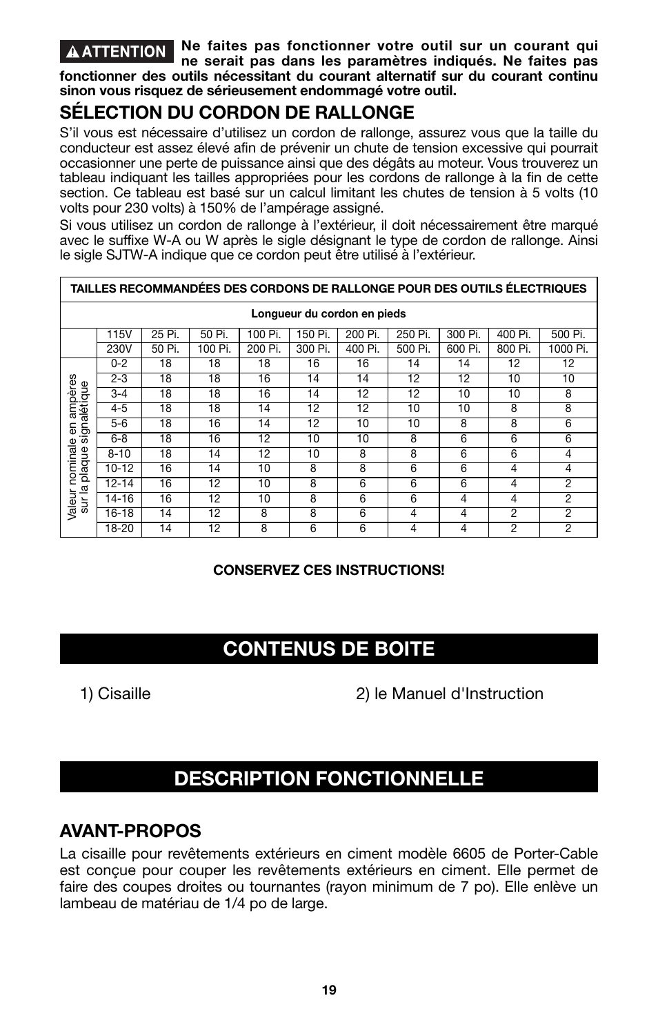 Contenus de boite, Description fonctionnelle, Sélection du cordon de rallonge | Avant-propos, 1) cisaille 2) le manuel d'instruction | Porter-Cable 6605 User Manual | Page 19 / 36