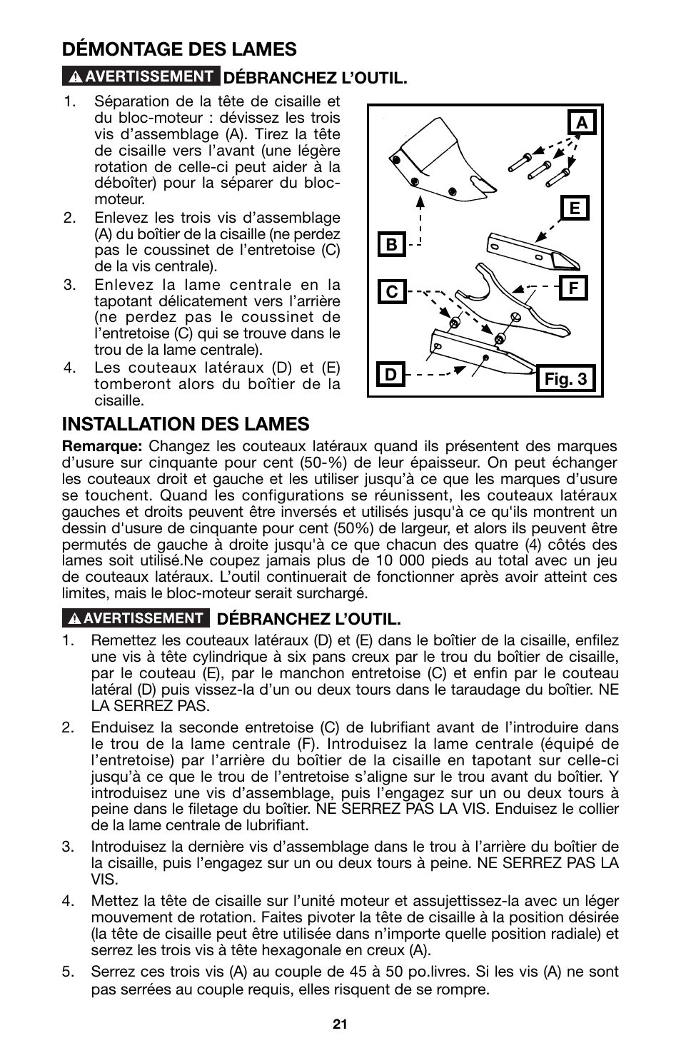 Démontage des lames, Installation des lames | Porter-Cable 6605 User Manual | Page 21 / 36