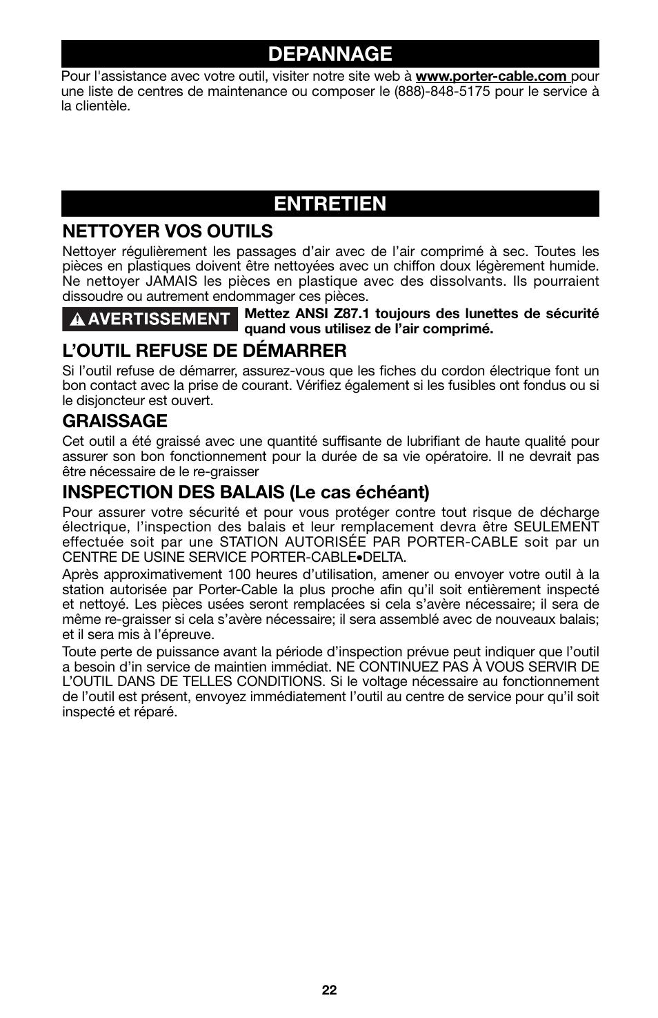Entretien, Depannage | Porter-Cable 6605 User Manual | Page 22 / 36