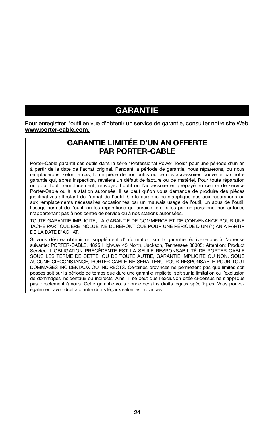 Garantie, Garantie limitée d’un an offerte par porter-cable | Porter-Cable 6605 User Manual | Page 24 / 36