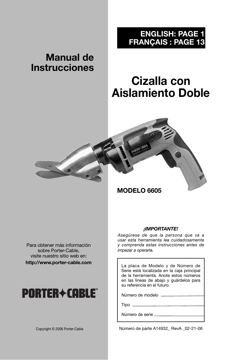 Cizalla con aislamiento doble, Manual de instrucciones, English: page 1 français : page 13 | Porter-Cable 6605 User Manual | Page 25 / 36