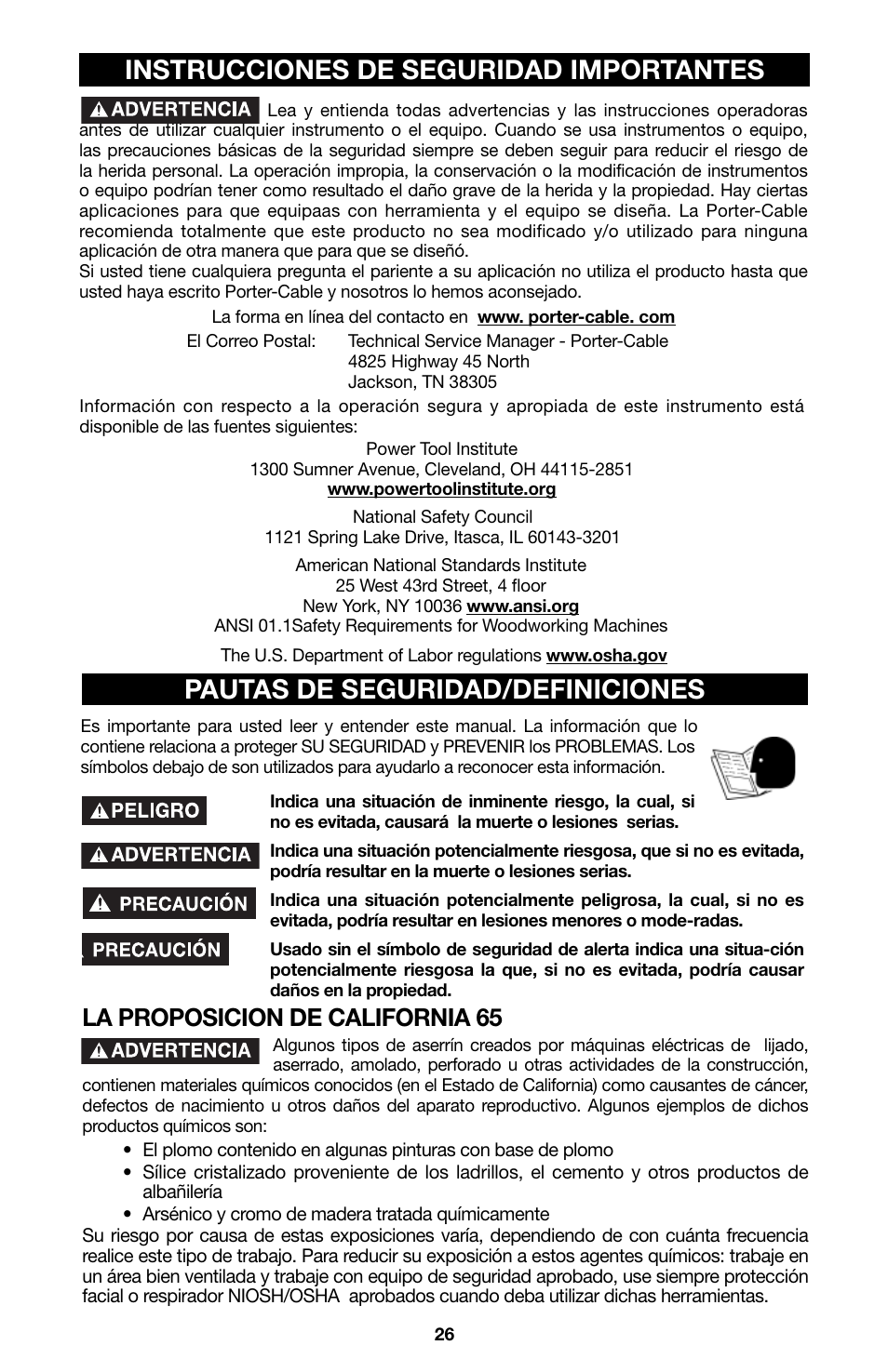 La proposicion de california 65 | Porter-Cable 6605 User Manual | Page 26 / 36