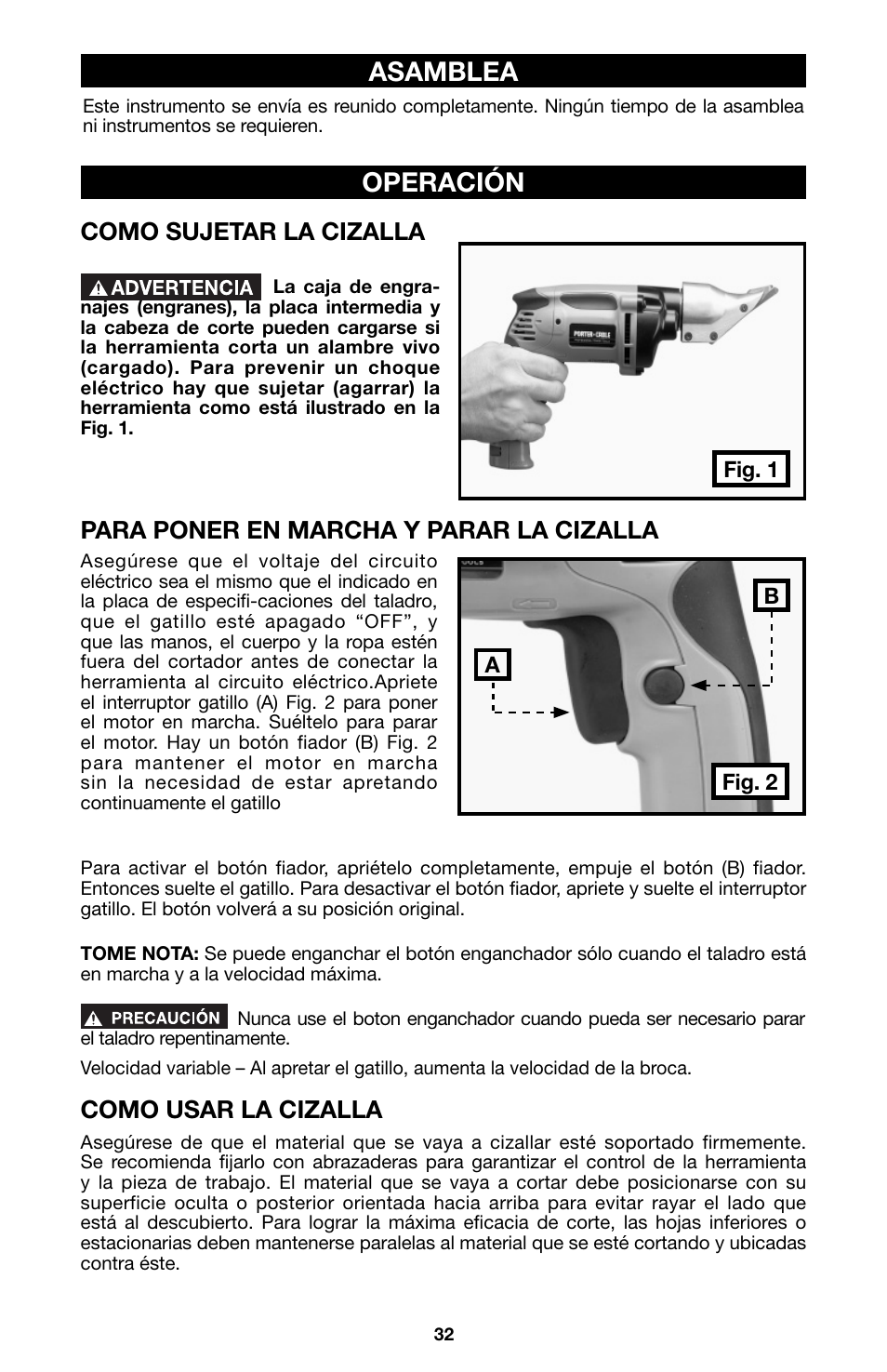 Asamblea operación, Como sujetar la cizalla, Para poner en marcha y parar la cizalla | Como usar la cizalla | Porter-Cable 6605 User Manual | Page 32 / 36