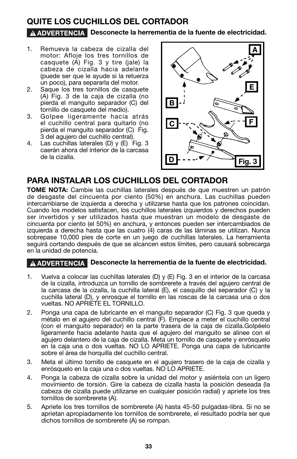 Quite los cuchillos del cortador, Para instalar los cuchillos del cortador | Porter-Cable 6605 User Manual | Page 33 / 36