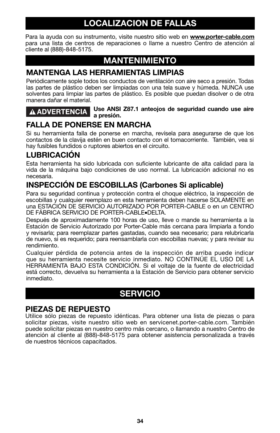 Mantenimiento localizacion de fallas servicio | Porter-Cable 6605 User Manual | Page 34 / 36