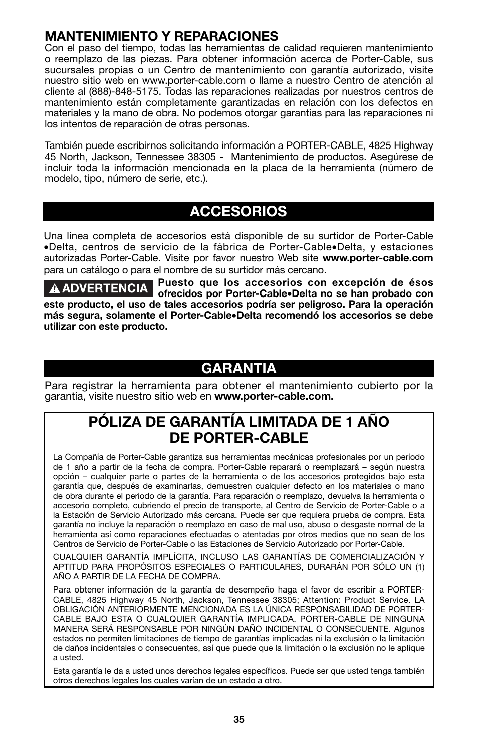 Accesorios garantia, Mantenimiento y reparaciones | Porter-Cable 6605 User Manual | Page 35 / 36
