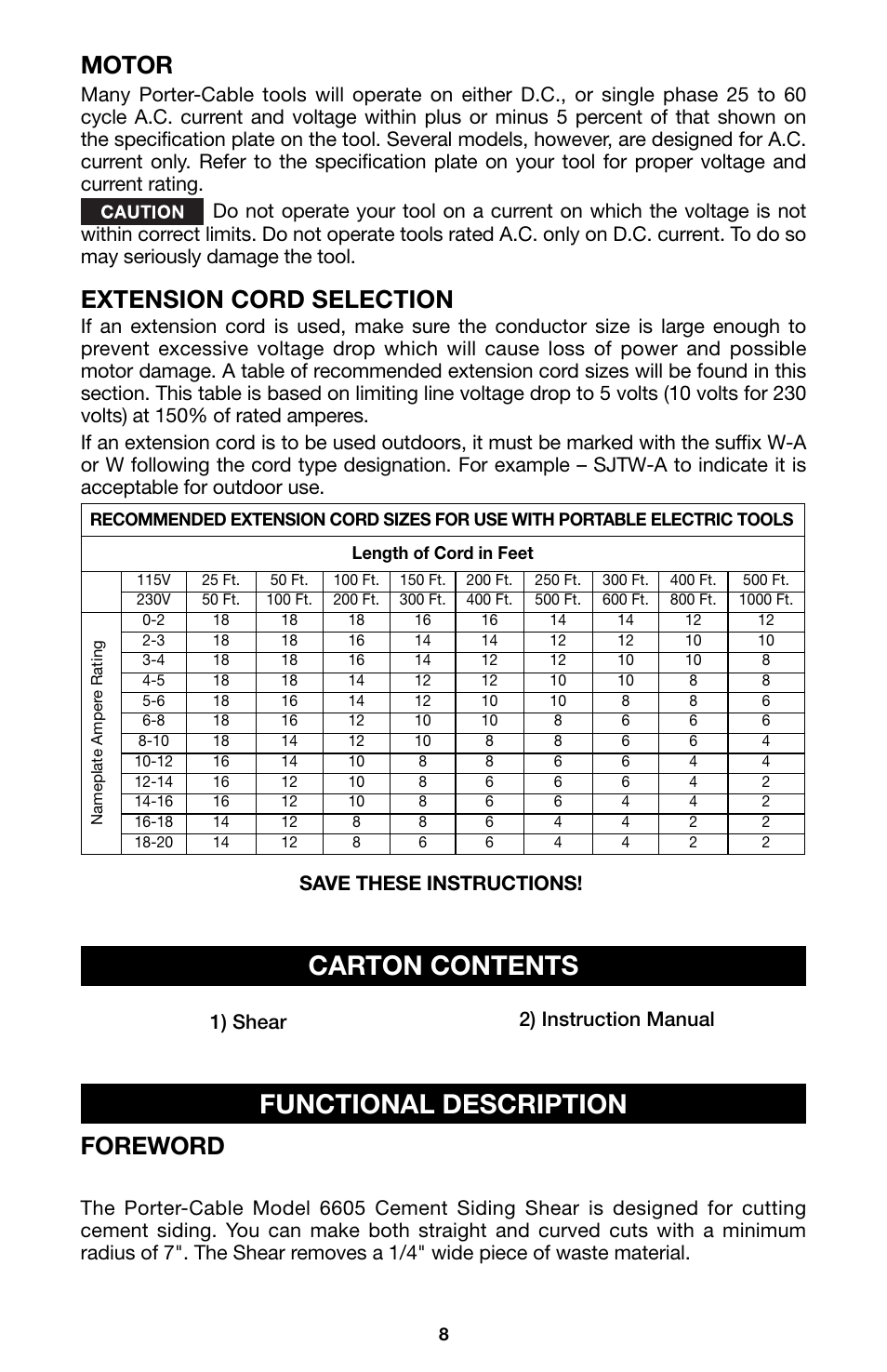 Functional description carton contents, Foreword, Extension cord selection | Motor | Porter-Cable 6605 User Manual | Page 8 / 36